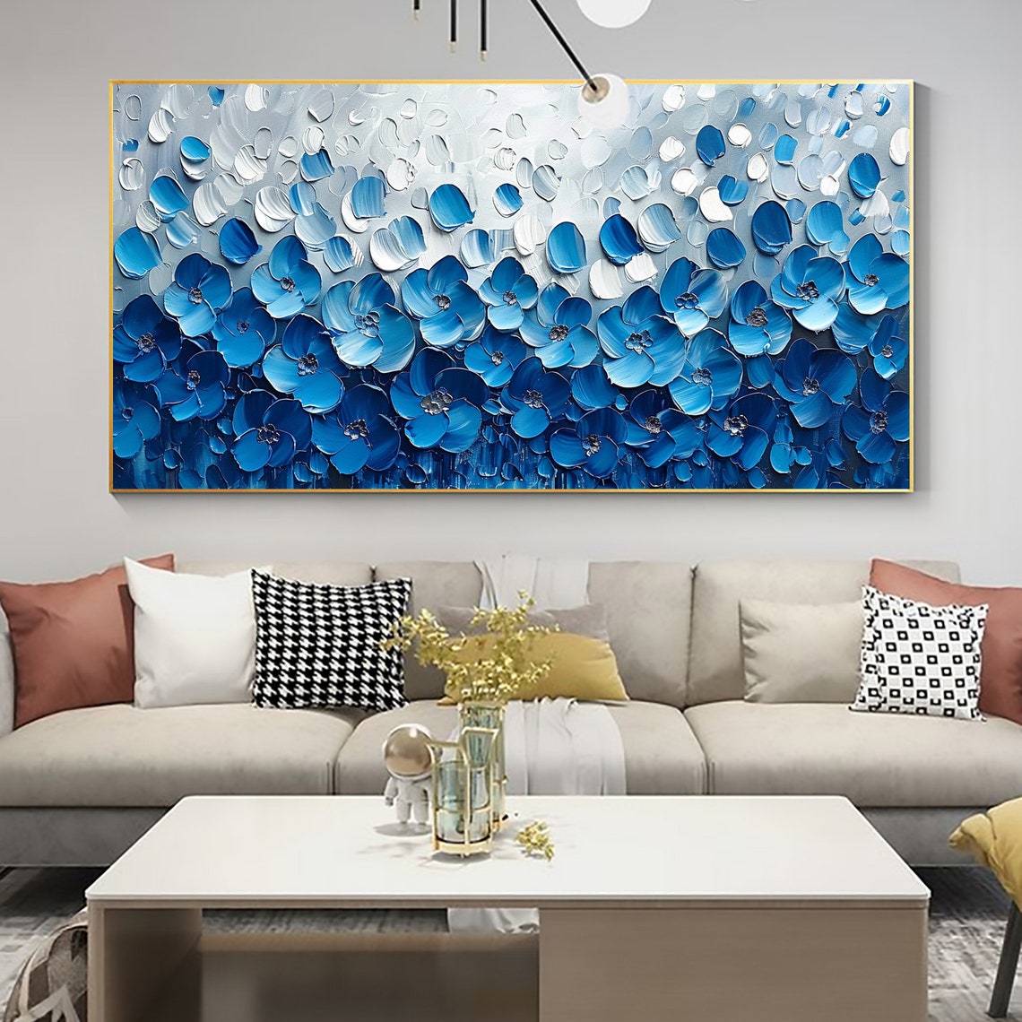 Blue and White Flower Field Ombré Gradient Impasto Floral Poster - Image 2