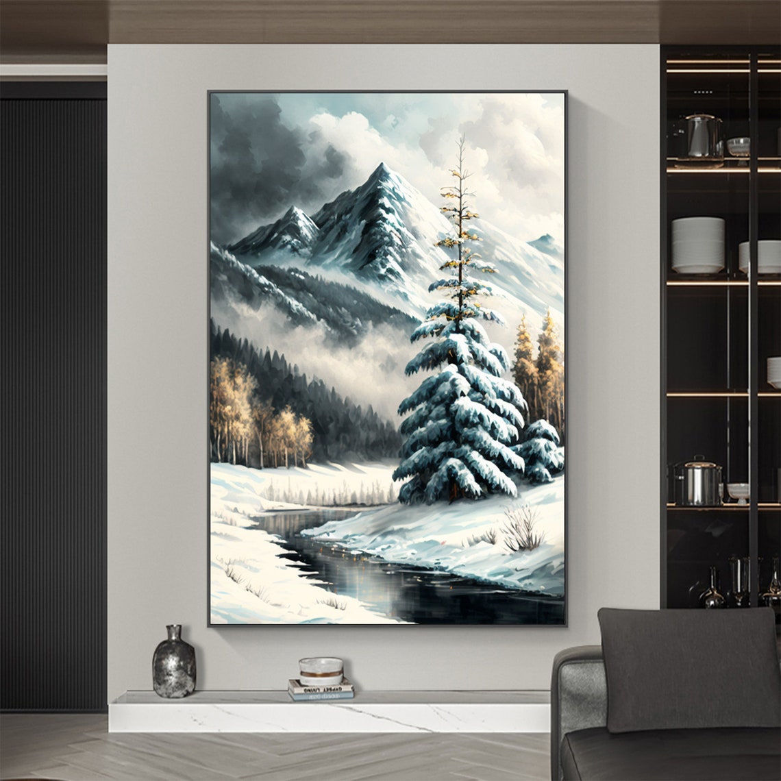 Snowy Winter Mountain Stream with Frosted Pine Trees Scene Poster - Image 7