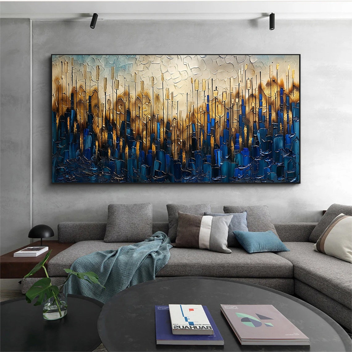 Navy Blue And Gold Vertical Brushstroke Textured Abstract Poster - Image 2