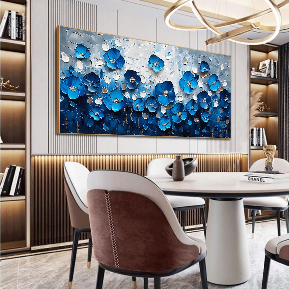 Cobalt Blue Blossom Row with Gold Centers Textured Art Poster - Image 6
