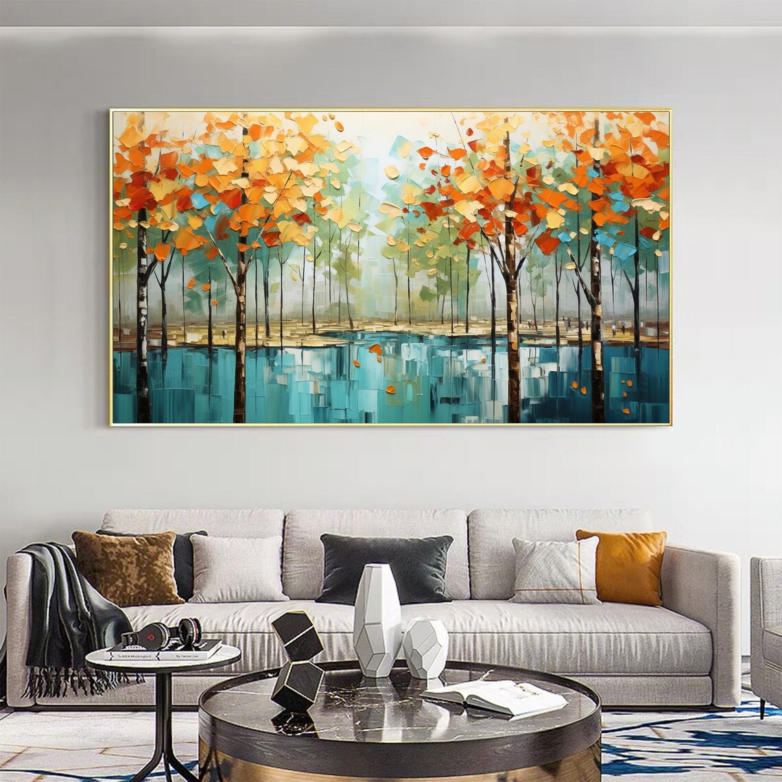 Autumn Trees with Orange Foliage Reflecting in Teal Lake Poster - Image 2