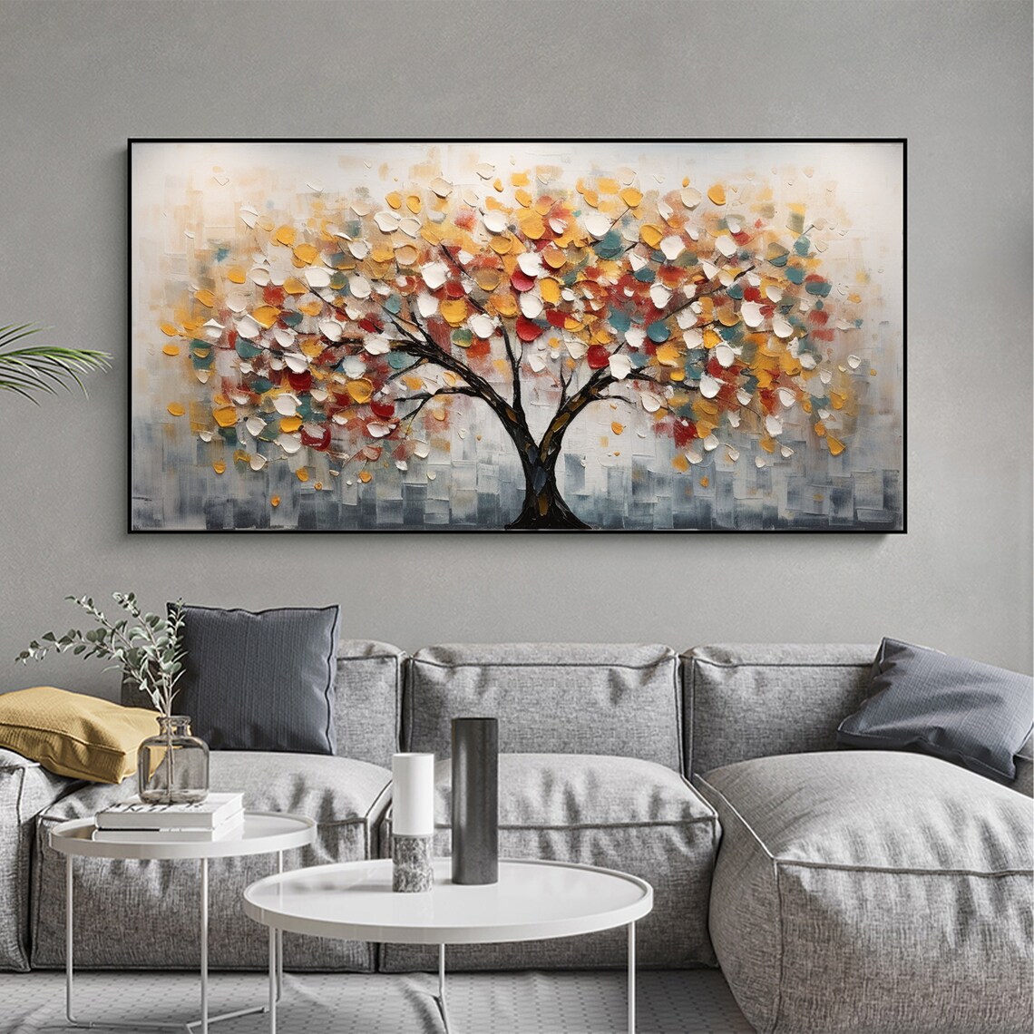Multicolor Abstract Tree Gold Red Leaves Modern Painting Poster - Image 4
