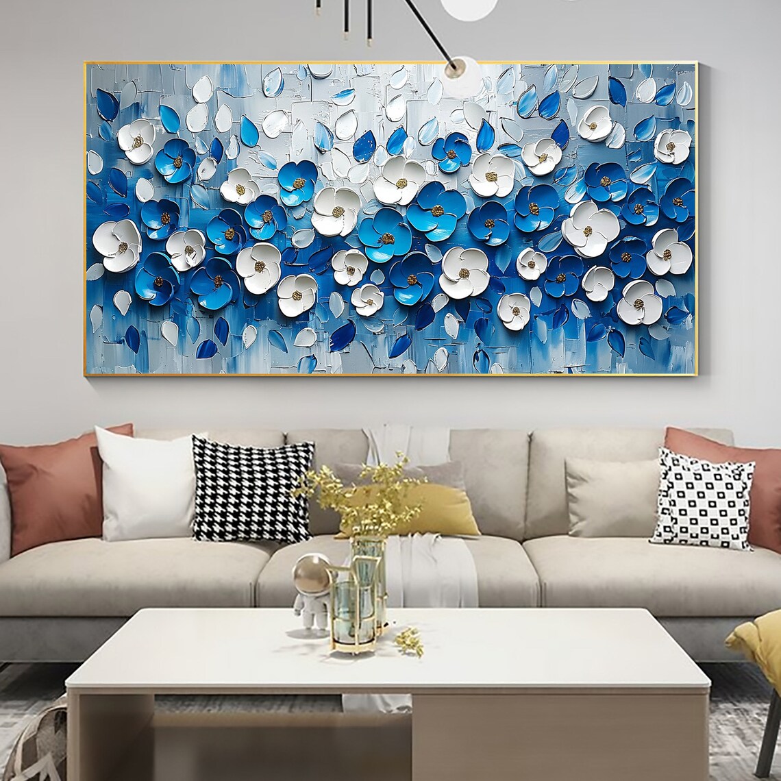 Blue and White Floral Impasto Blossom Living Room Art Poster - Image 2