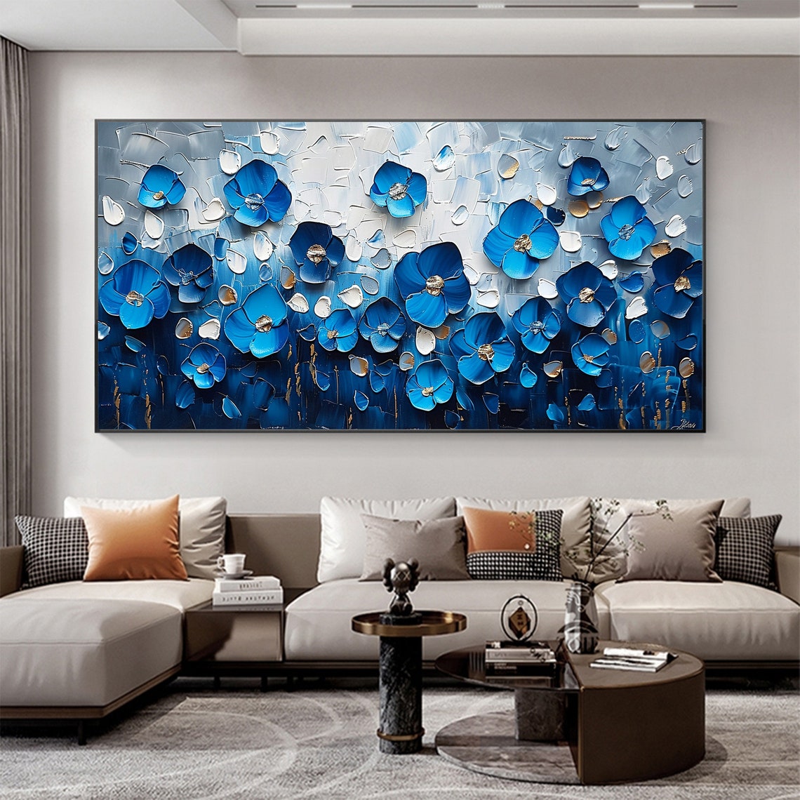 Cobalt Blue Blossom Row with Gold Centers Textured Art Poster - Image 4