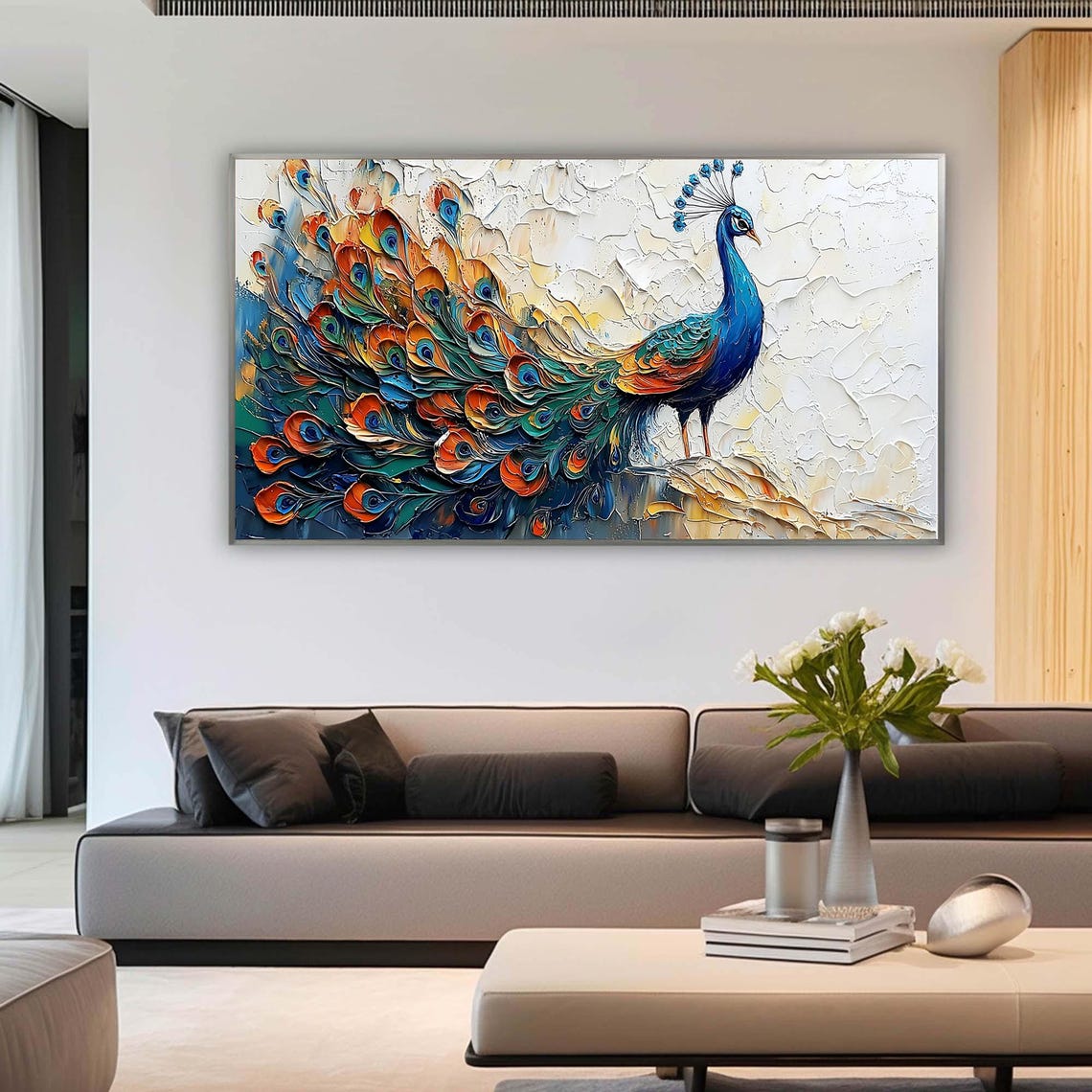 Standing Peacock in Profile with Colorful Tail on White Poster - Image 5