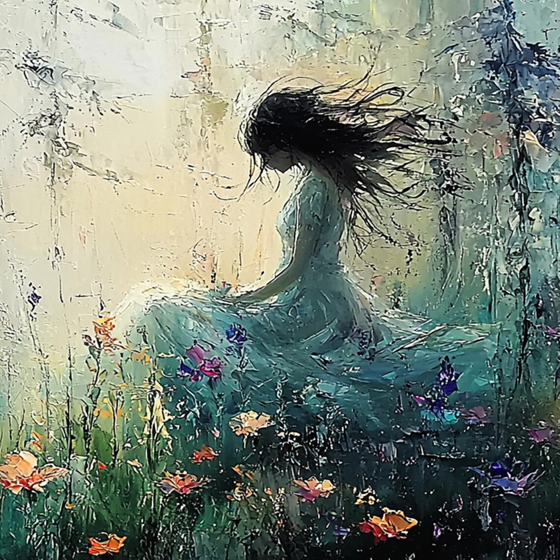 Dreamy Woman in Teal Gown Among Wildflowers and Butterfly Poster - Image 5