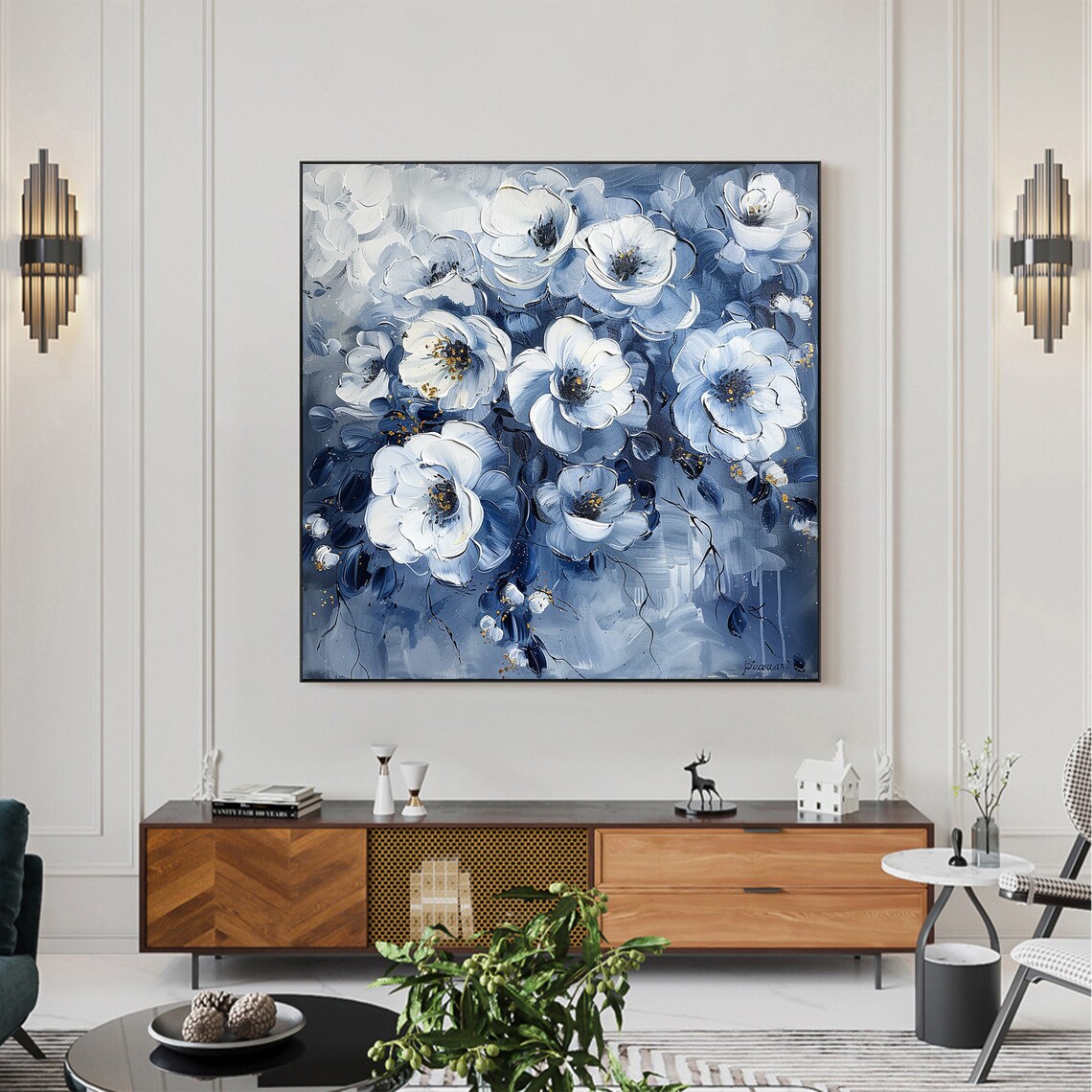 Elegant White Anemone Flowers on Deep Blue with Gold Speckle Poster - Image 3
