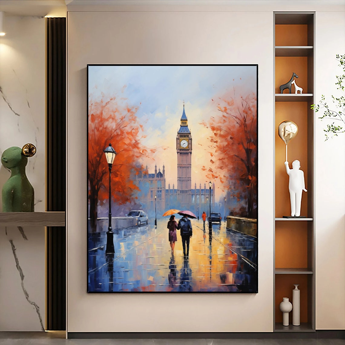 Rainy London Bridge at Sunset with Couple Under Umbrella Poster - Image 5