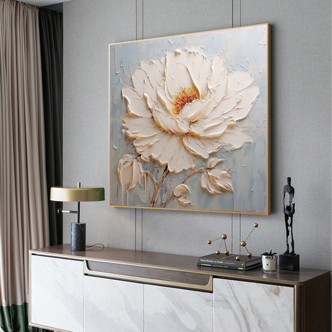 Large White Peony Blossom Thick Impasto on Soft Pale Blue Poster - Image 5