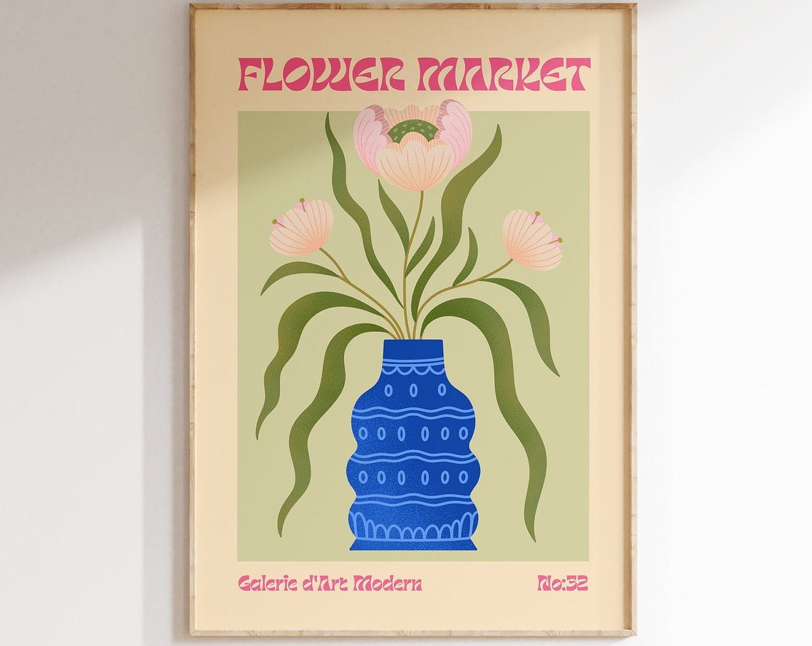 Flower Market No 32 Blush Pink Blooms Blue Vase Floral Art Poster