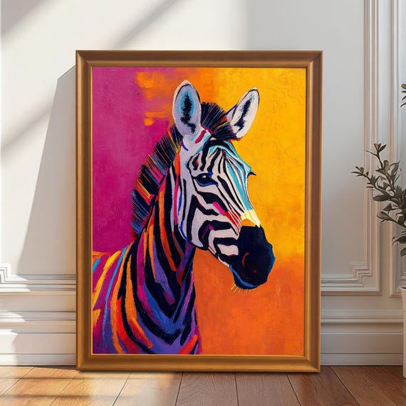 Colorful Zebra Pop Art Print Ready To Hang Wall Decor Modern Wood Framed Artwork