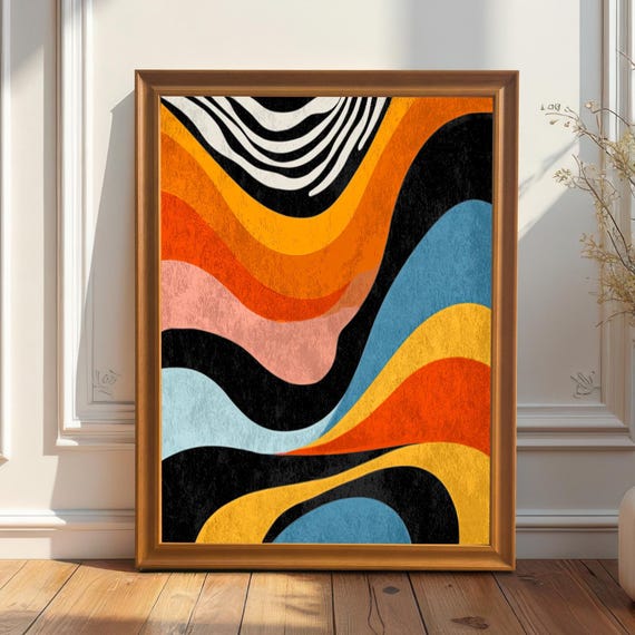 Abstract Wave Art Print Retro Modern Wood Framed Wall Colorful Swirl Giclee Poster
