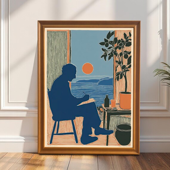 Artist Painting Sunset By The Sea Midcentury Modern Illustration Poster