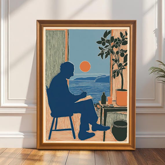 Sunset Artist Abstract Art Print Midcentury Modern Coastal Decor Wood Framed Giclee Poster