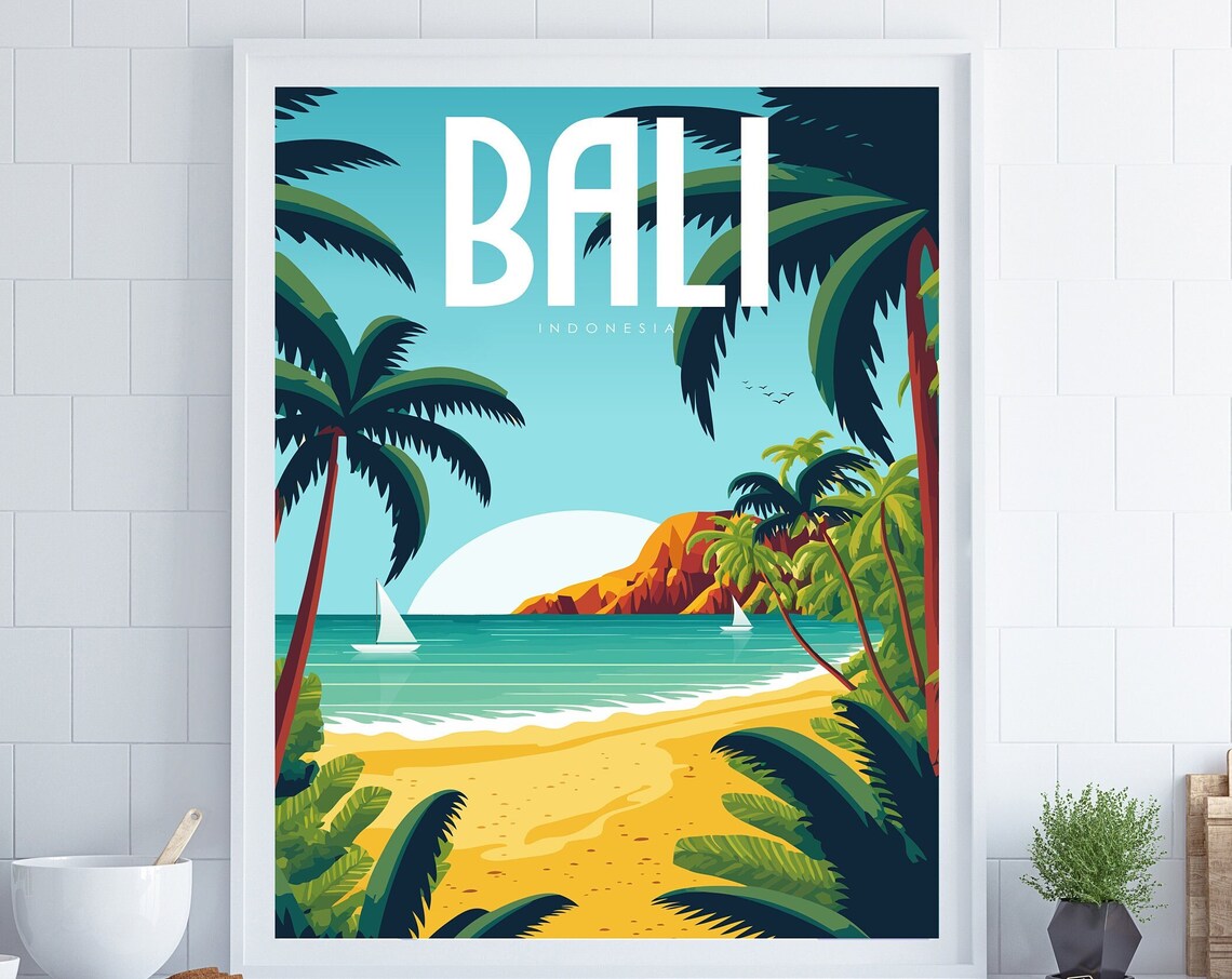 Bali Indonesia Palm Trees Beach Sailboats Sunset Retro Travel Poster