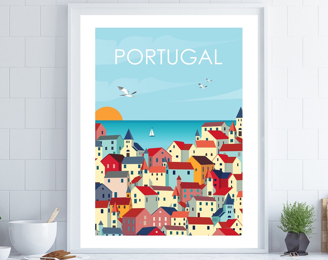 Lisbon Portugal Retro Travel Poster, Coastal Decor