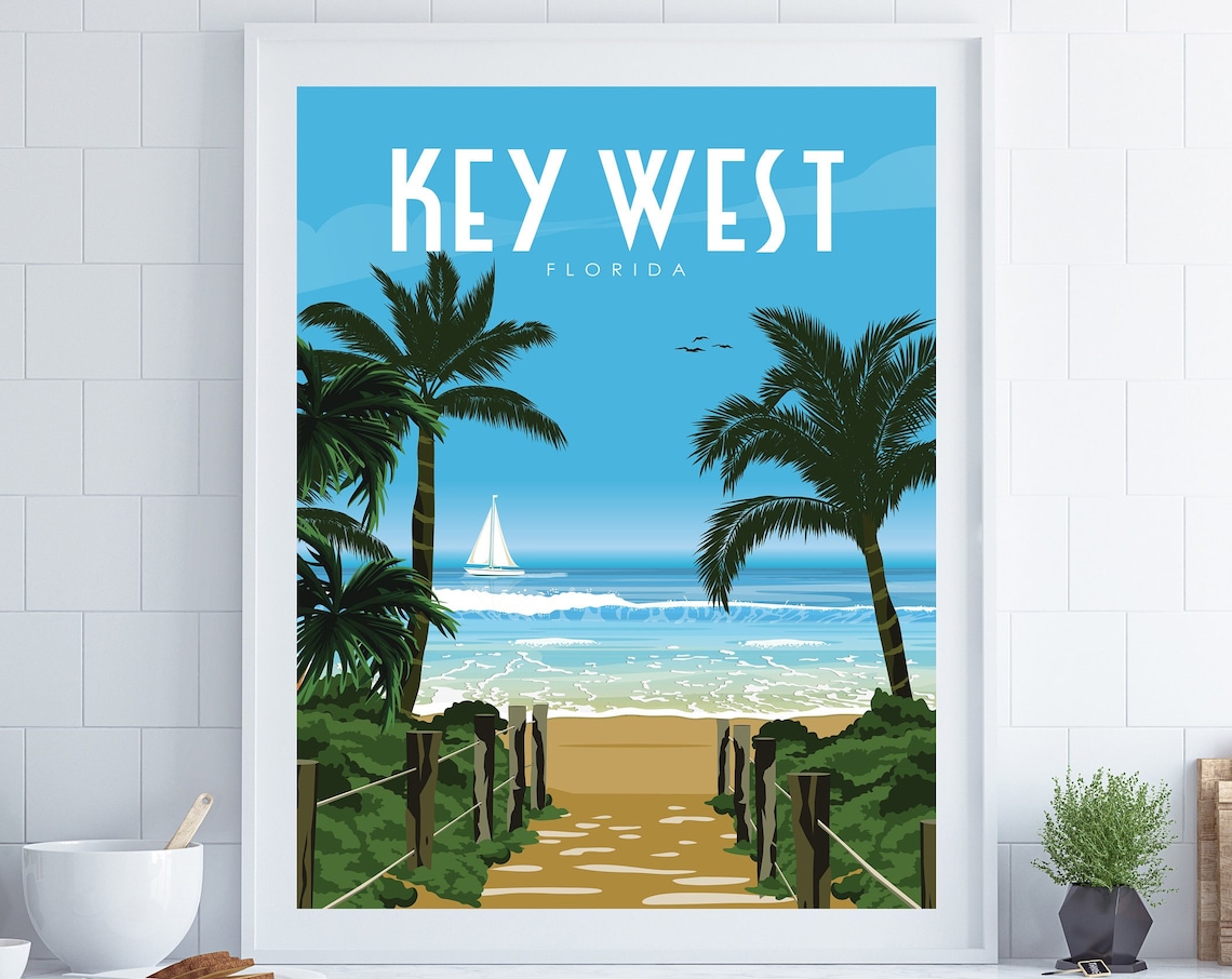 Key West Florida Palm Trees Sailboat Beach Retro Travel Poster