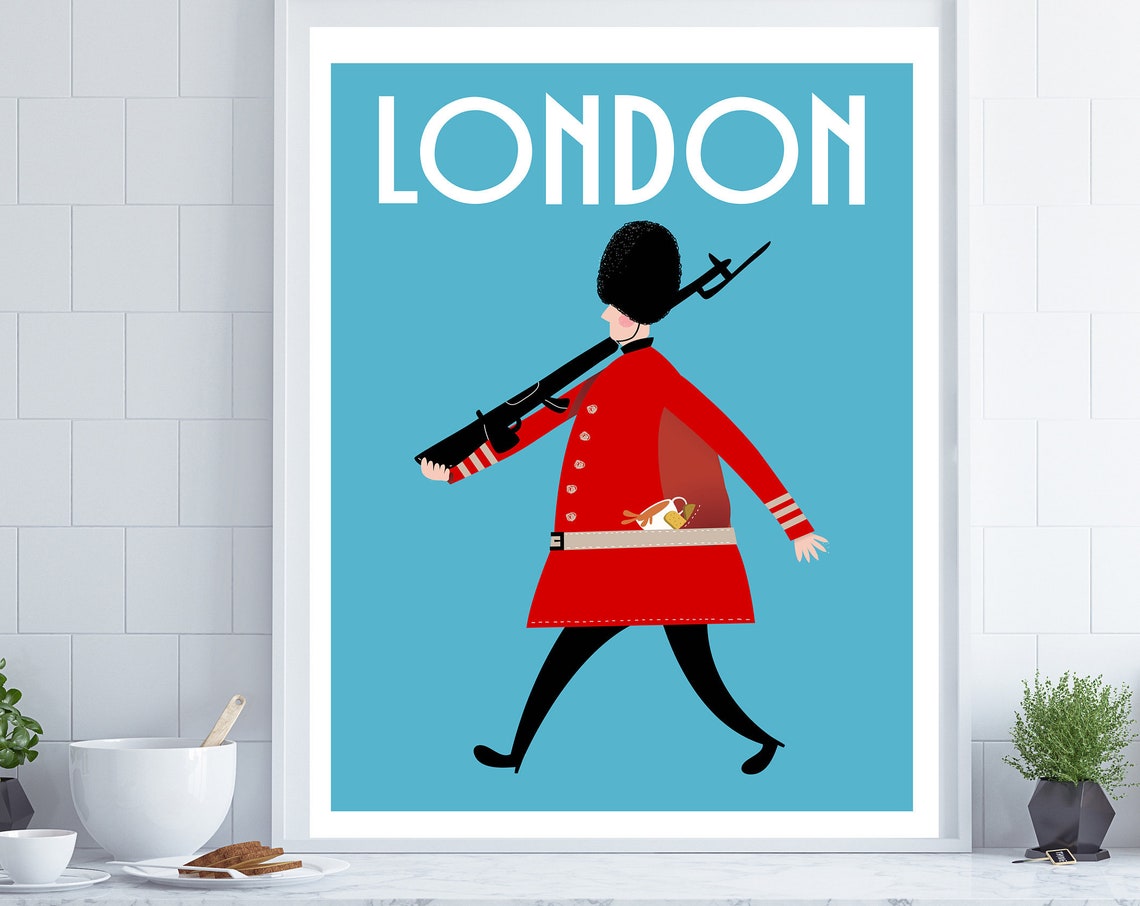London British Guardsman Red Uniform Bearskin Tea Cartoon Poster