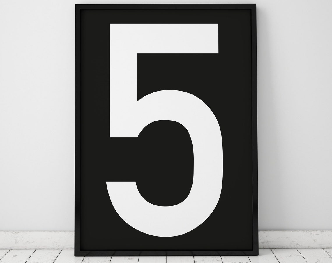 Bold White Number 5 on Black Minimalist Scandinavian Typography Poster