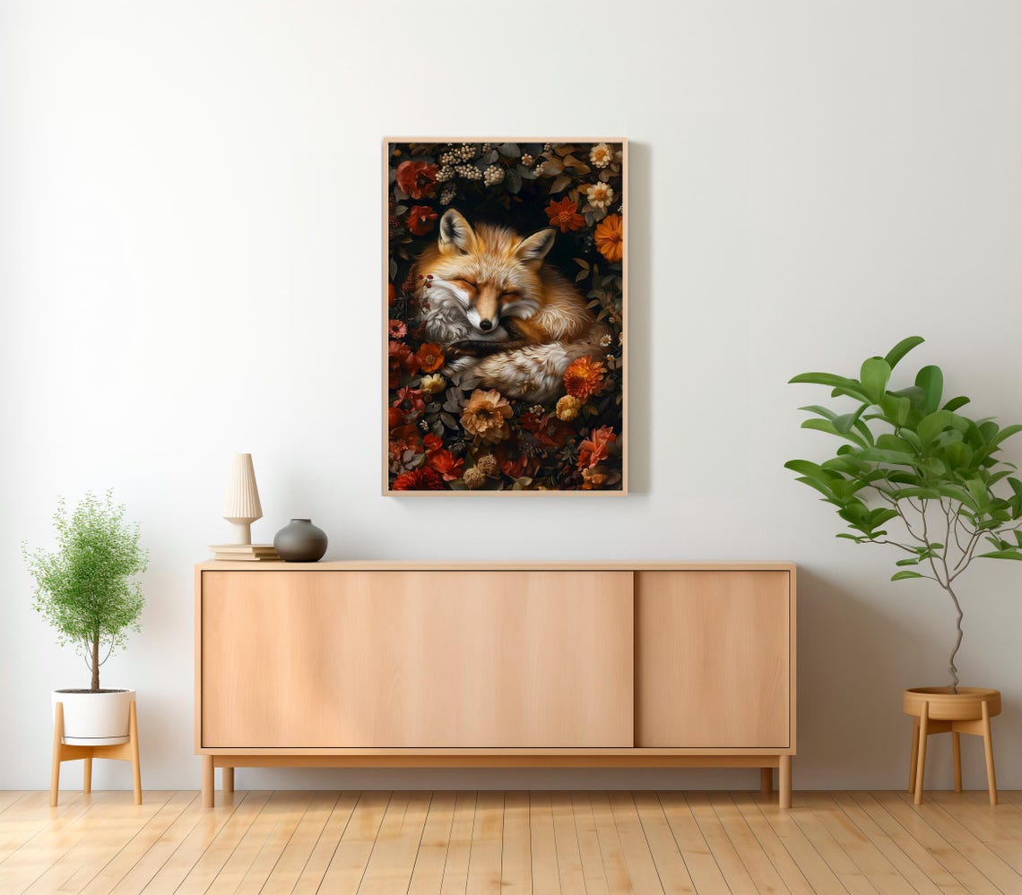 Sleeping Red Fox Curled Up Peacefully Among Autumn Flowers Poster - Image 2