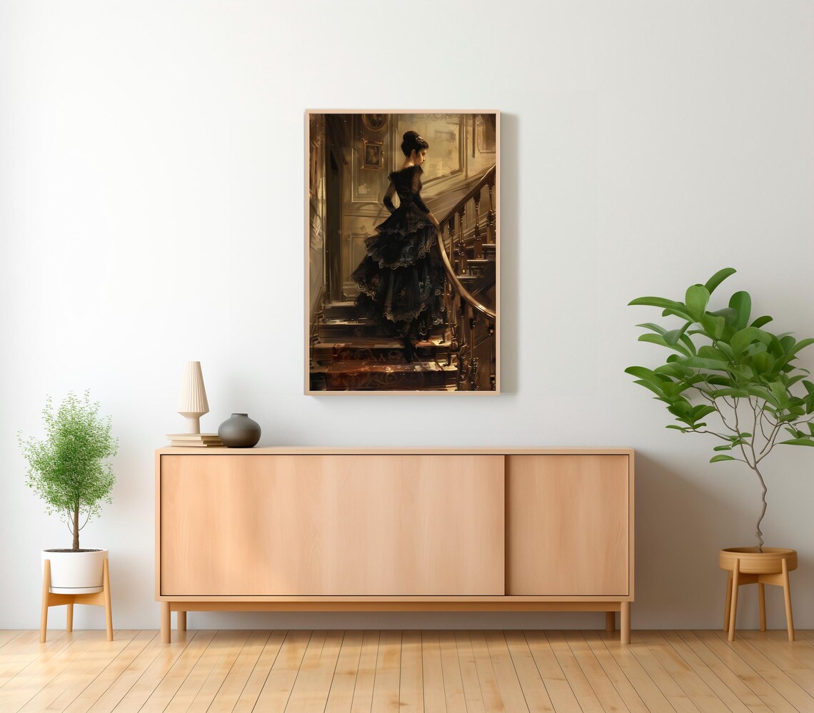 Elegant Lady Descending Golden Lit Staircase Baroque Style Poster - Image 2