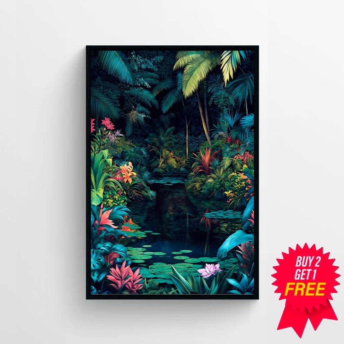 Moonlit Midnight Tropical Jungle with Dark Lagoon Botanical Poster - Image 4