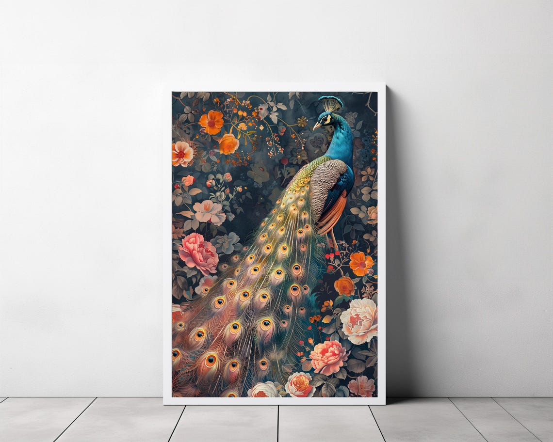 Peacock with Long Tail in Dark Botanical Vintage Floral Poster - Image 3