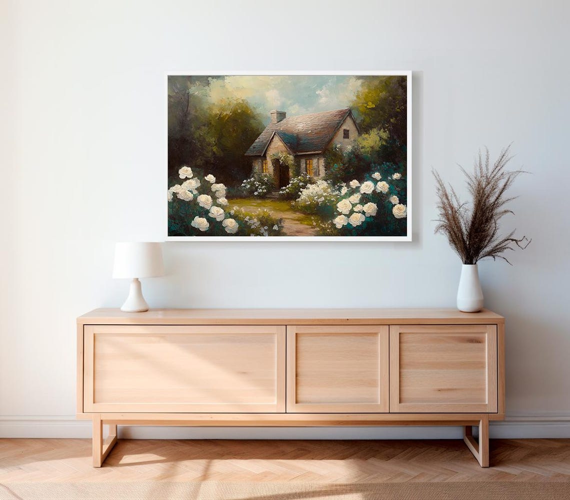 Stone Cottage White Roses Evening Glow Vintage Painting Poster - Image 2