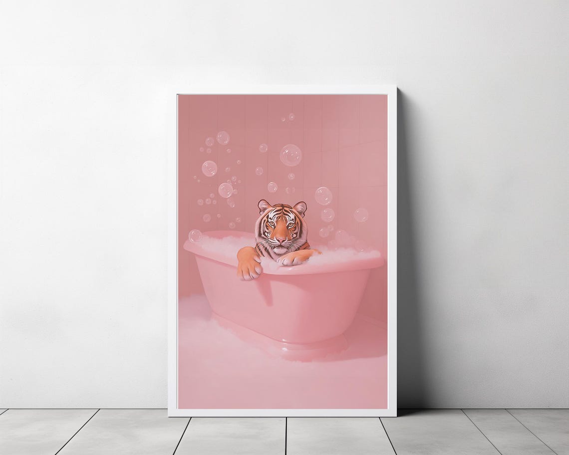 Adorable Tiger Cub Relaxing in a Pink Bubble Bath Pastel Art Poster - Image 3