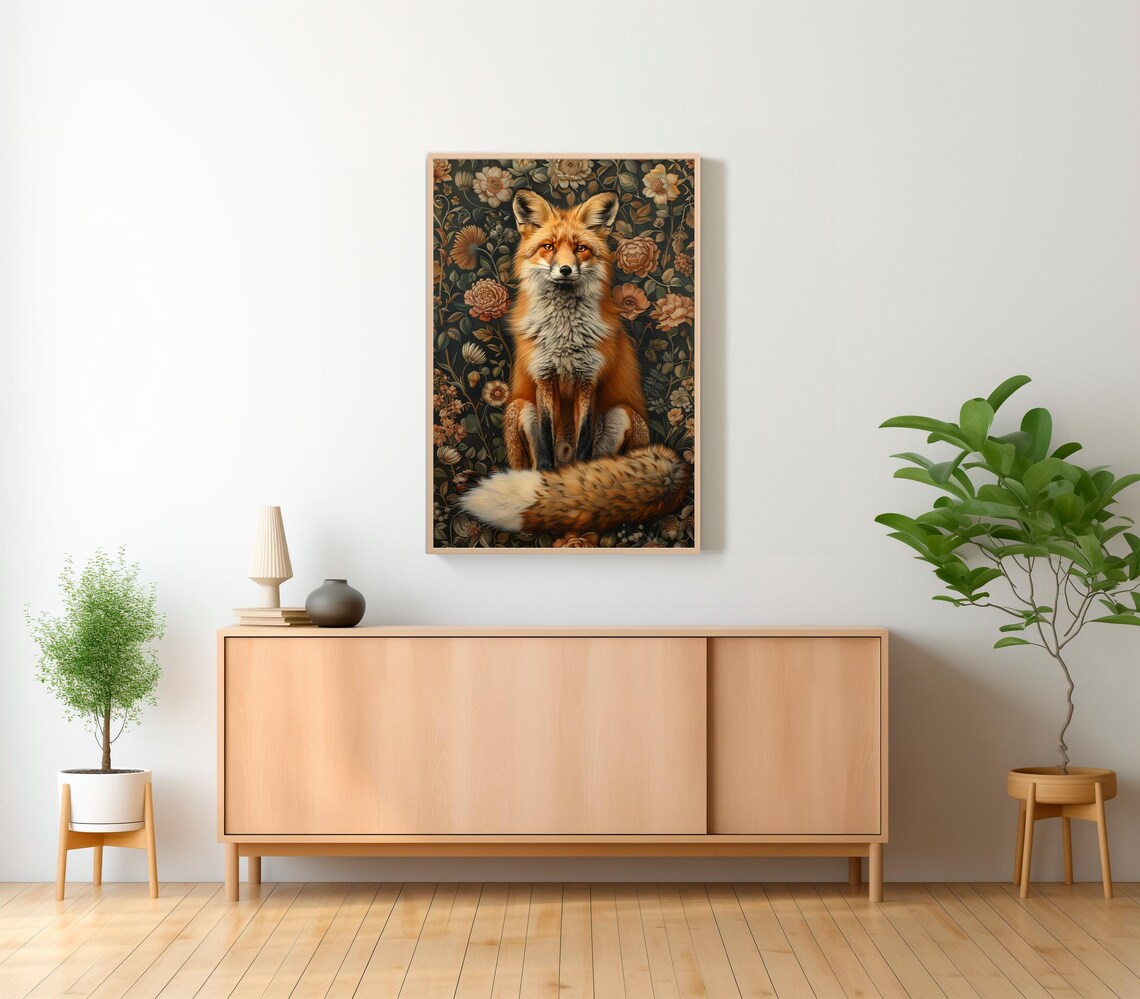 Red Fox in Vintage Floral Tapestry Woodland Botanical Poster - Image 2