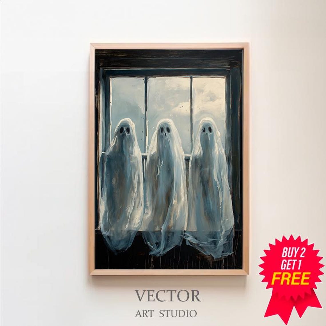Three Cute Ghosts By A Sunny Window Sweet Spooky Halloween Poster