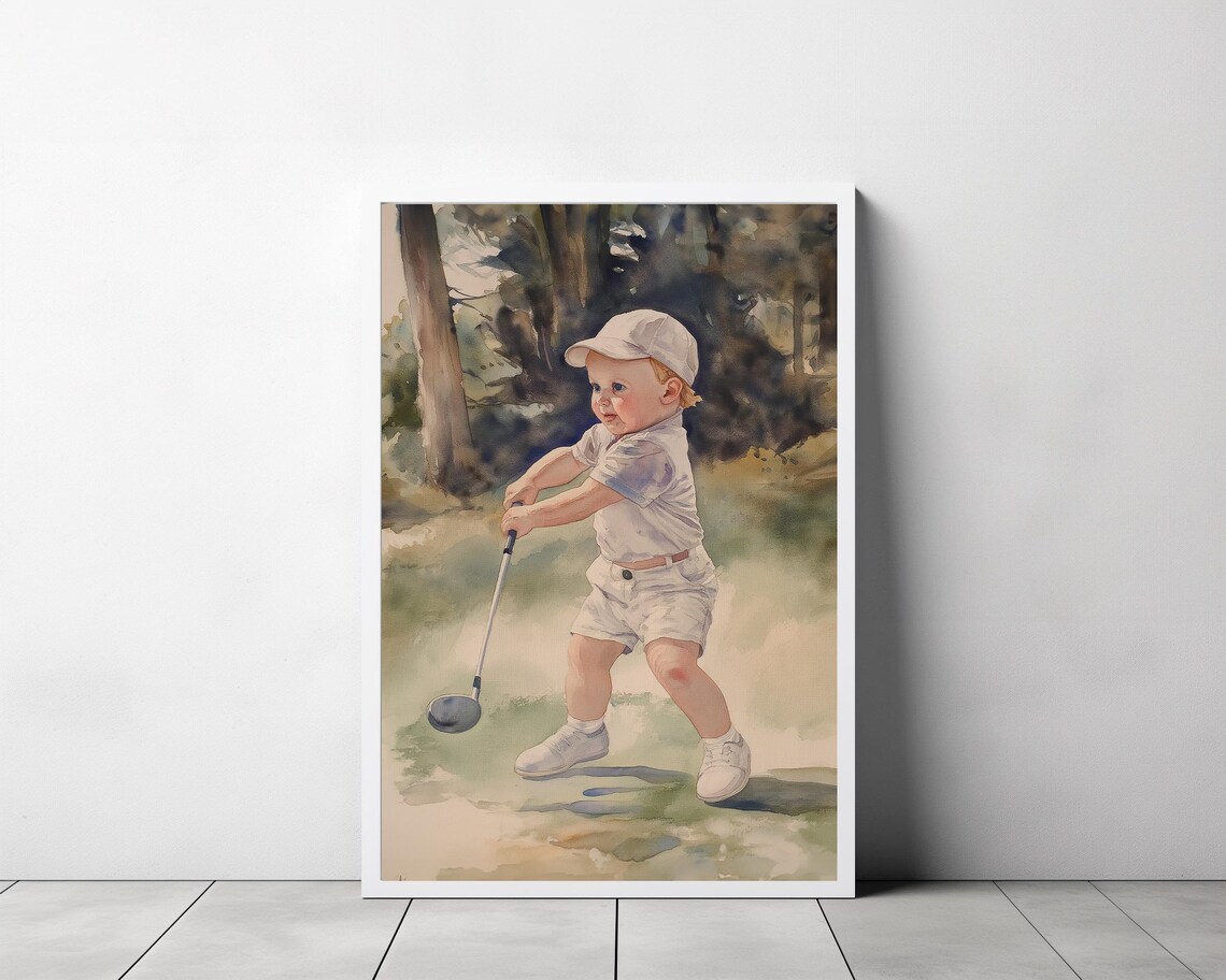Toddler Swinging a Golf Club in a Watercolor Nursery Scene Poster - Image 3