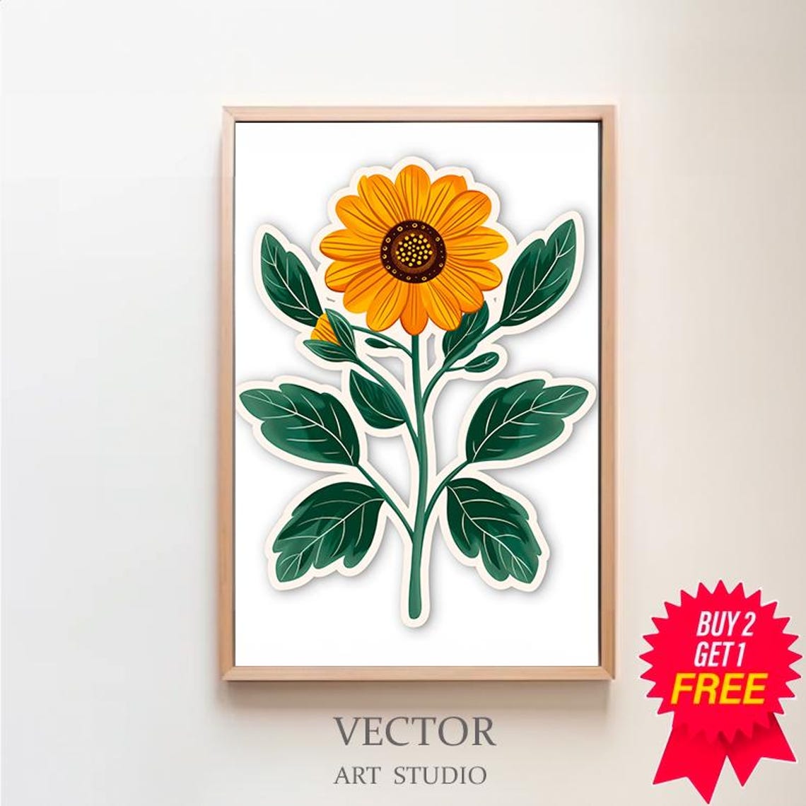 Yellow Sunflower in Sticker Style Minimal Botanical Art Poster