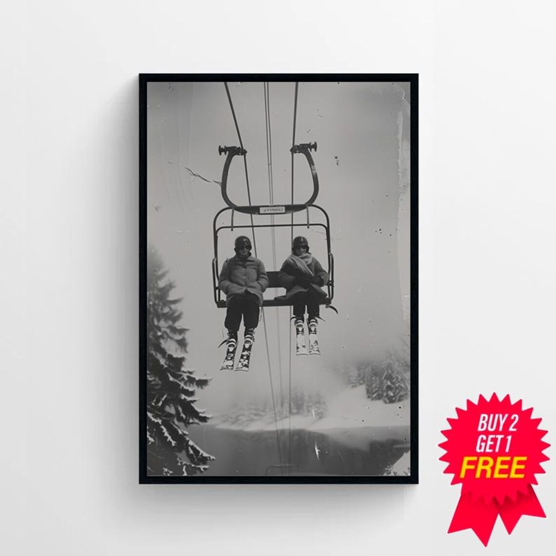 Vintage Ski Chairlift Photo of Two Skiers Over Snowy Slopes Poster - Image 4