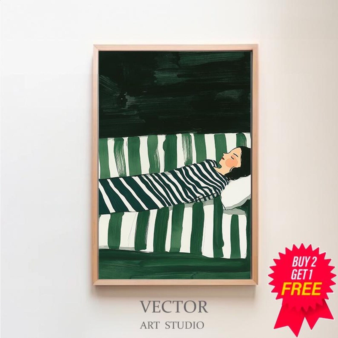 Emerald Striped Woman Reclining on Chaise Under a Dark Night Poster