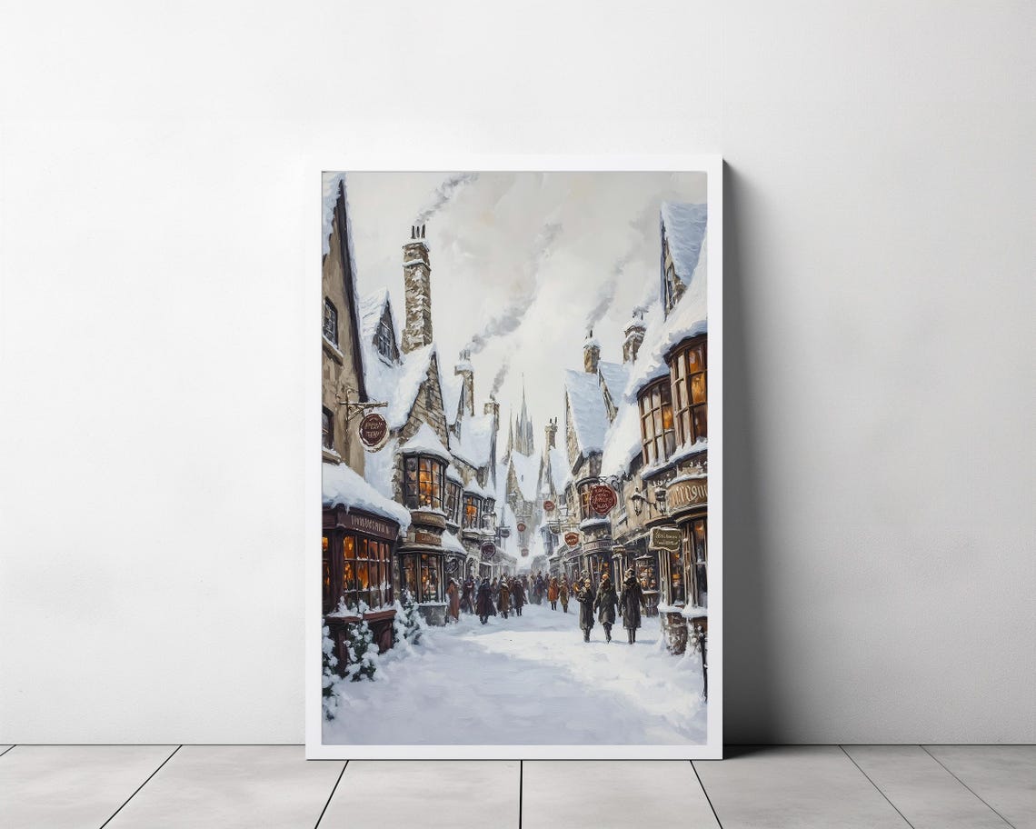 Crowded Snowy Wizard Street In Daylight Winter Fantasy Poster - Image 3