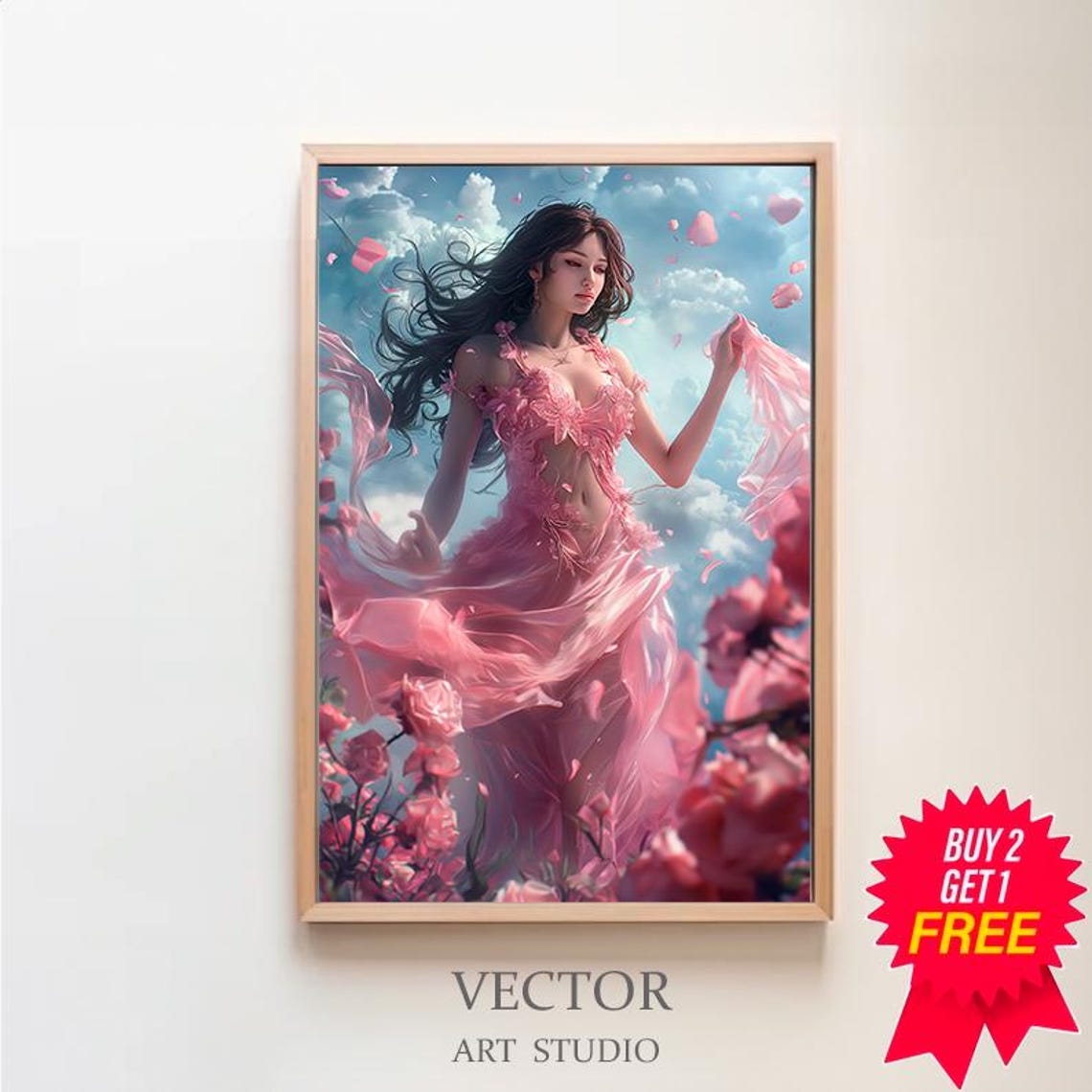 Goddess Aphrodite in a Pink Gown among Flowers and Clouds Poster