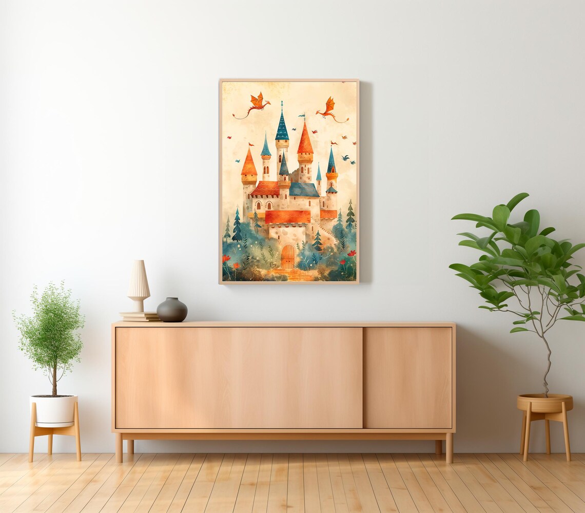 Watercolor Castle Red Dragons Forest Kids Fantasy Nursery Poster - Image 2