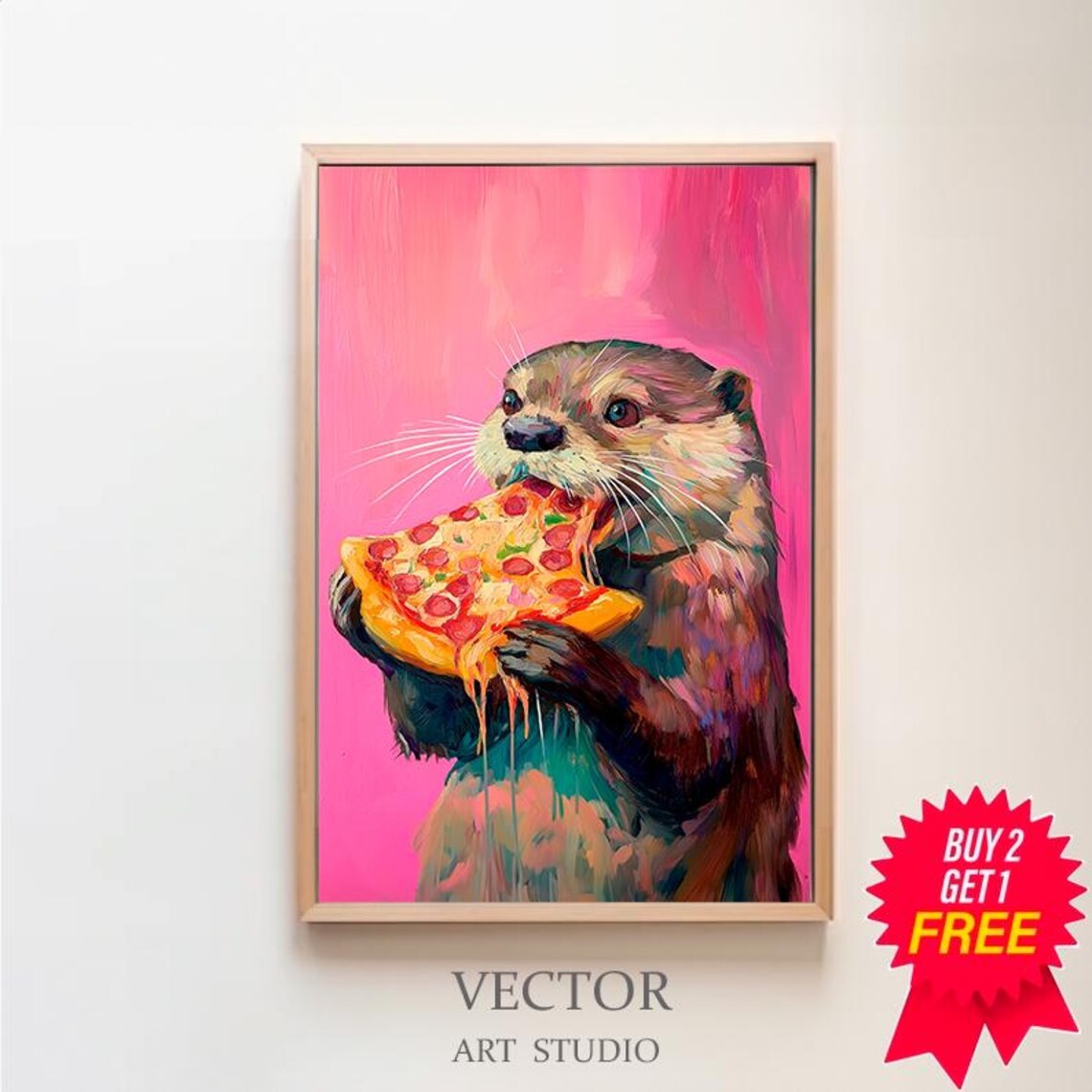 Maximalist Otter Eating Pizza, Oil Painting Poster