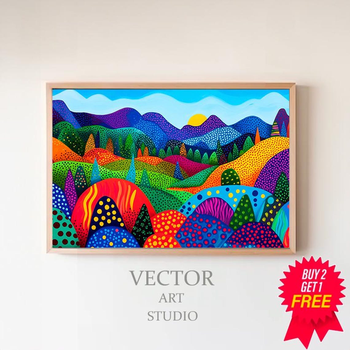 Colorful Dotted Mountains Dot Painting Style Landscape Poster