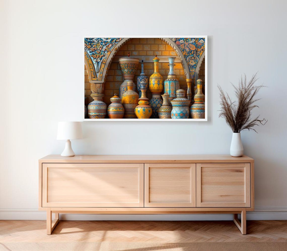 Ornate Moroccan Pottery Vases Under Tiled Moorish Arches Art Poster - Image 2