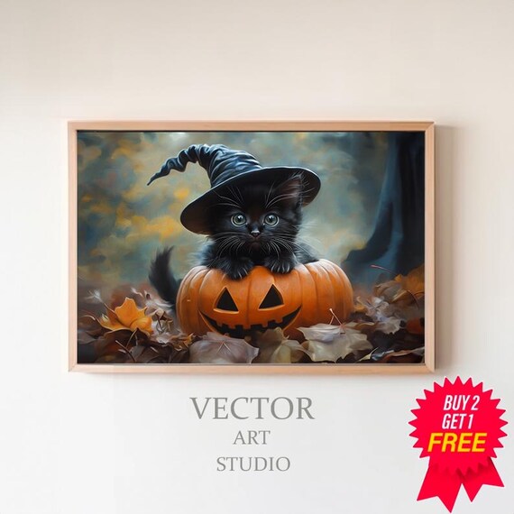 Black Kitten in Witch Hat on Pumpkin Vintage Halloween Poster