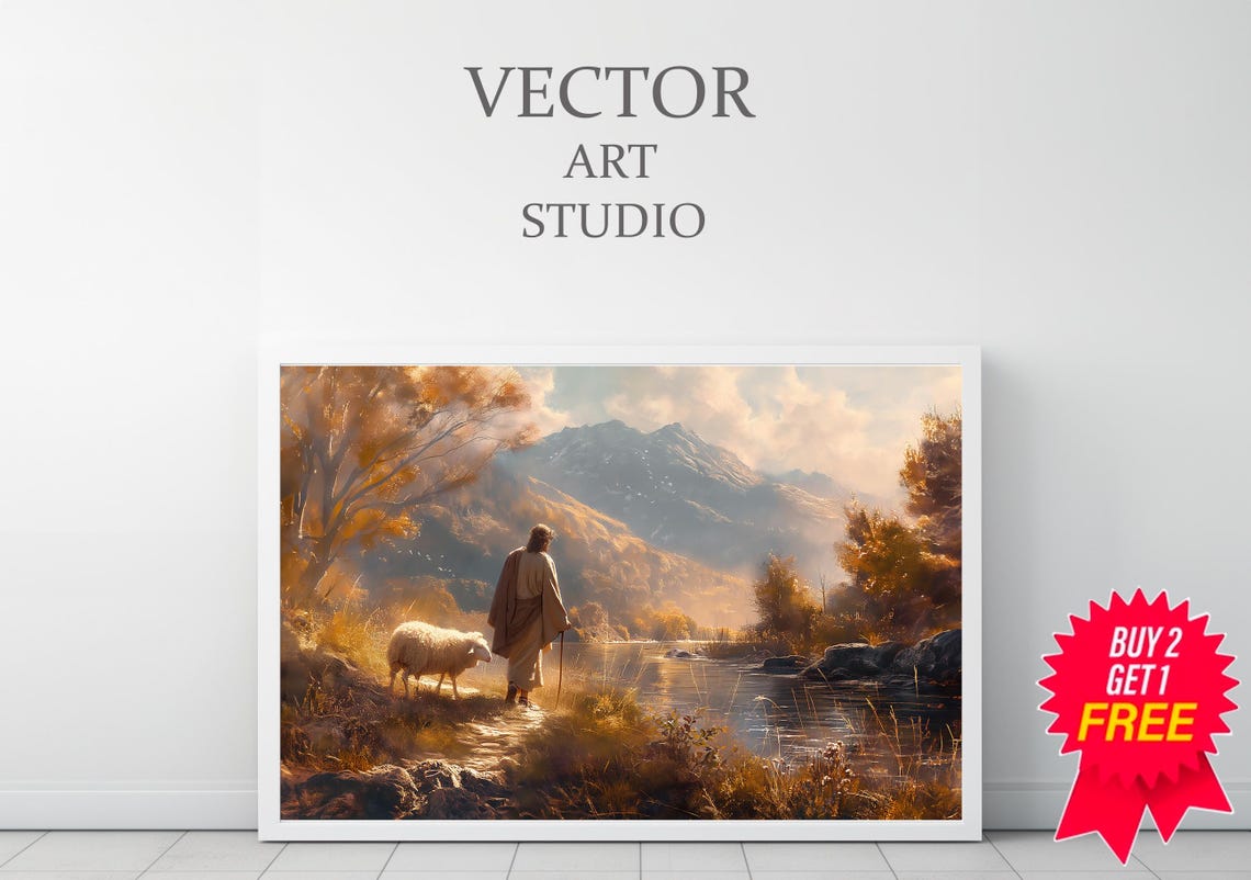 Jesus with a Sheep Beside a Golden Autumn Mountain River Poster - Image 3