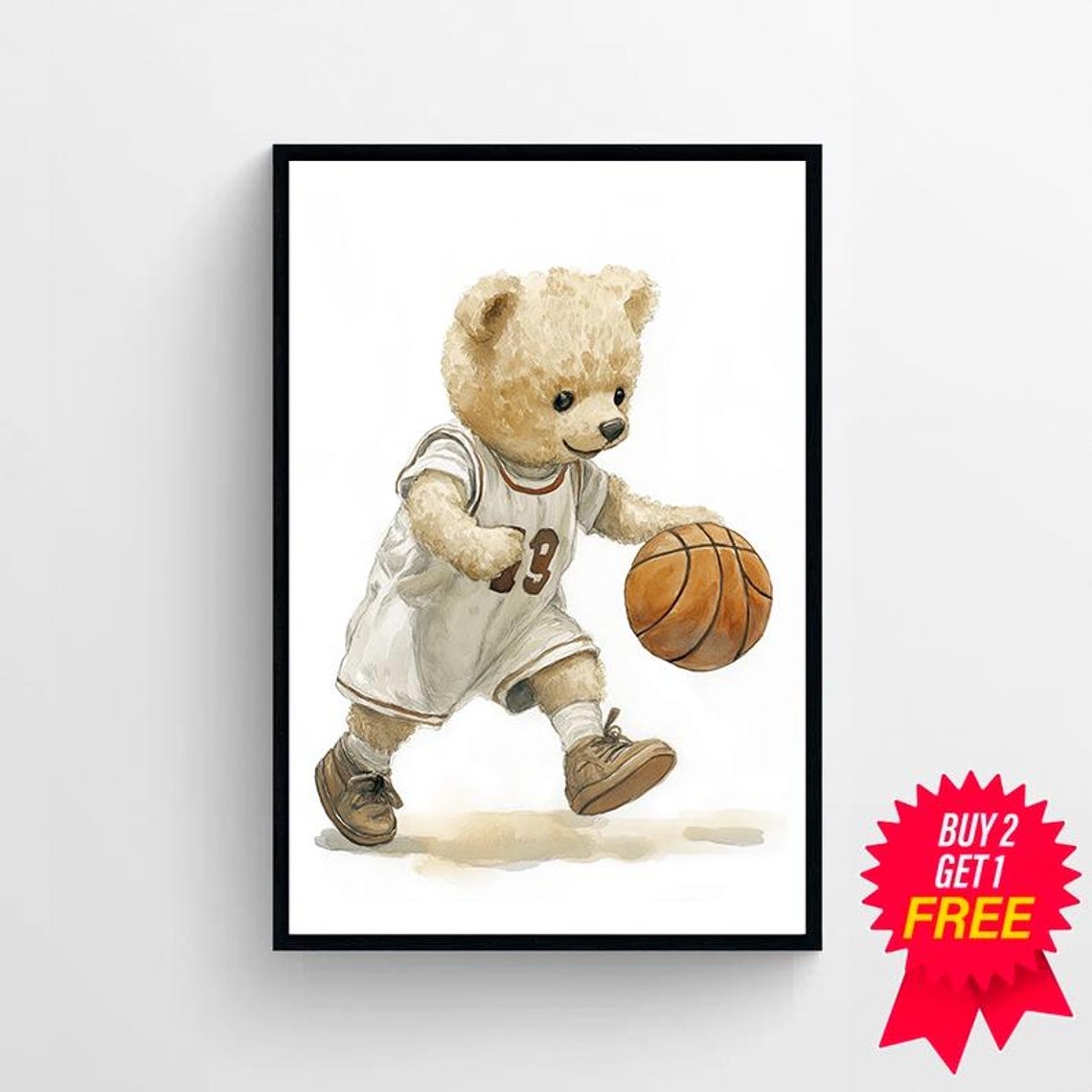 Teddy Bear in Number 9 Jersey Dribbling a Basketball Watercolor Poster - Image 4