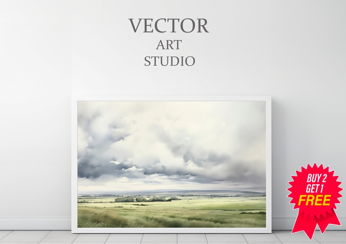 Green Meadow Under Storm Clouds Soft Watercolor Landscape Poster - Image 3