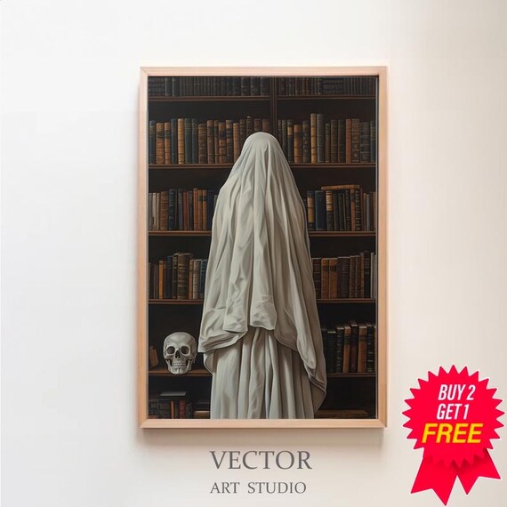 Ghost Reading At Moody Bookshelf With Skull Dark Academia Poster