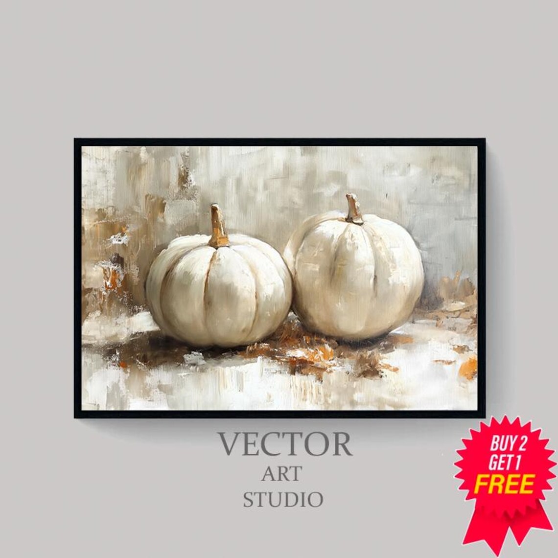 Two White Pumpkins in a Neutral Beige Oil Painting Still Life Art Poster - Image 4