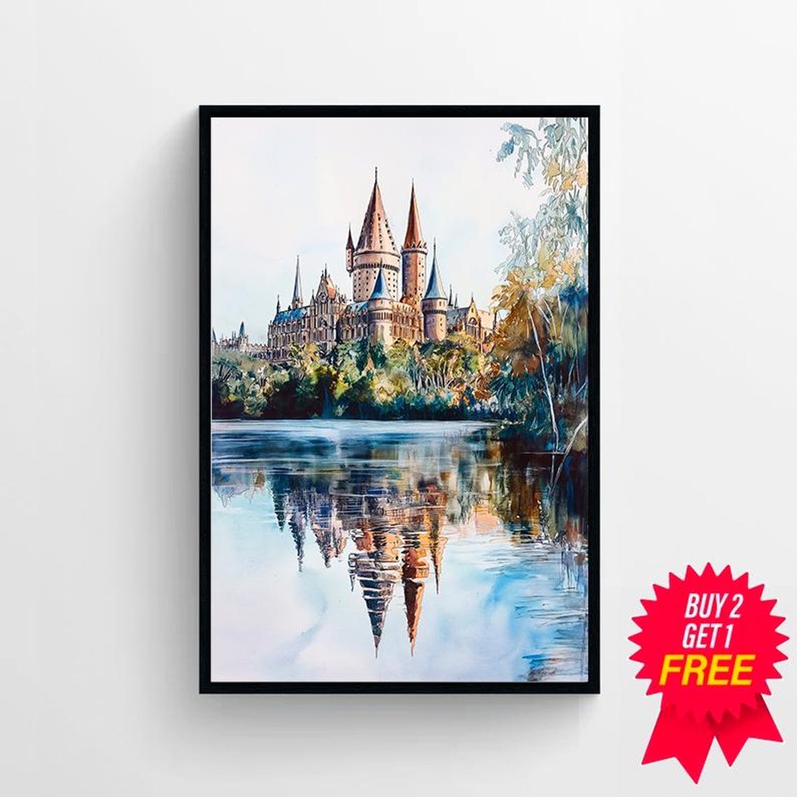 Wizard Castle Daytime Lake Blue Trees Watercolor Painting Poster - Image 4