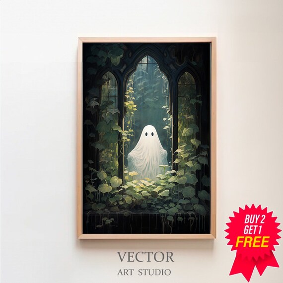 Ghost Peeking Through a Gothic Arched Ivy-Covered Window Poster