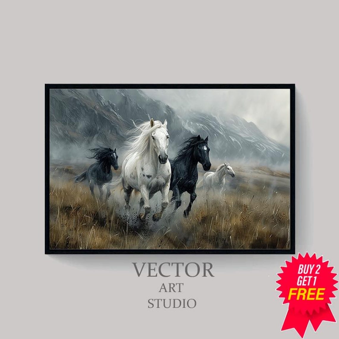 Wild Horses Stampede Golden Grass Misty Mountain Hills Poster - Image 4